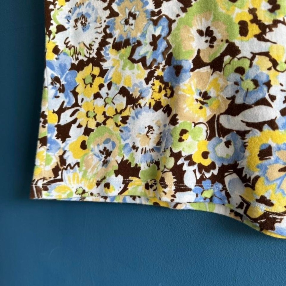 Y2K Floral V Neck Women's Size Small Liz Claiborne Cotton Stripe Yellow Blue - Picture 5 of 8
